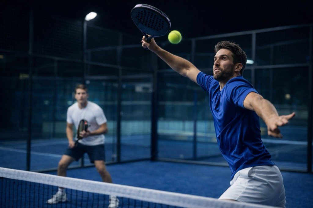 Padel spielen in Karlsruhe: Spieler beim Überkopfschlag auf dem Indoor-Court